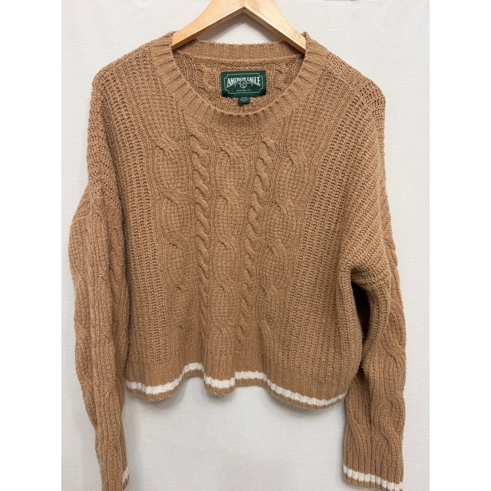 American Eagle Camel Brown Varsity Stripe Cable Knit Cropped Sweater Medium